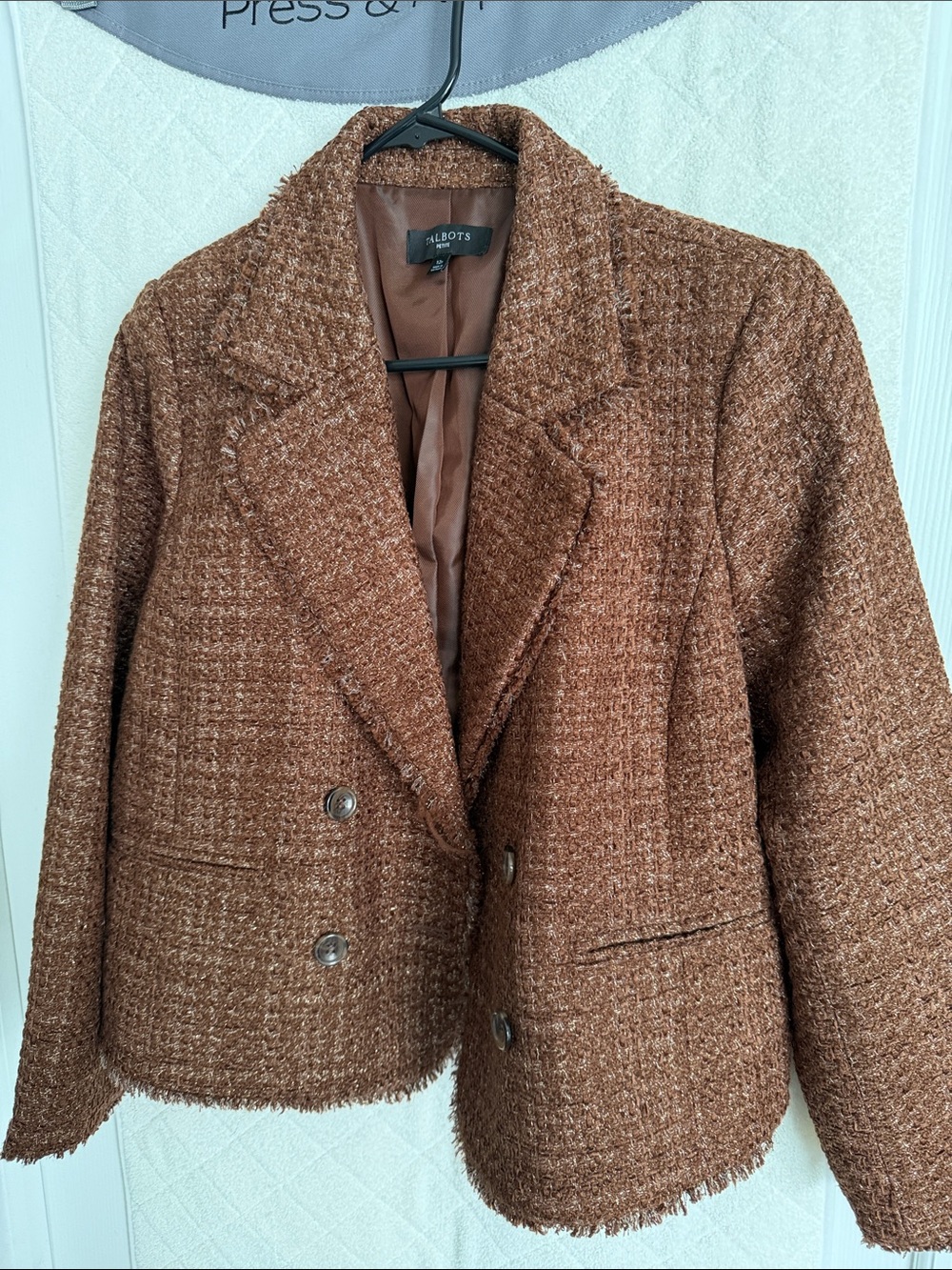Talbots Brown Tweed Double-Breasted Cropped Blazer